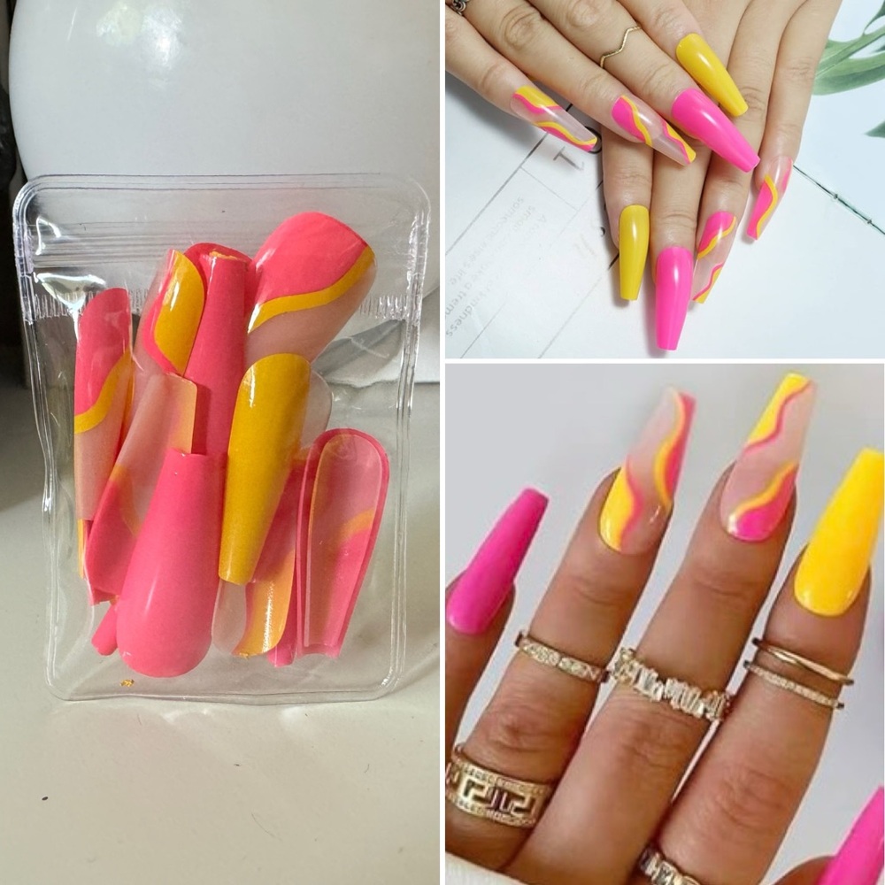 3/$15 Coffin Fake Nails Pink and Yellow Long Coffin